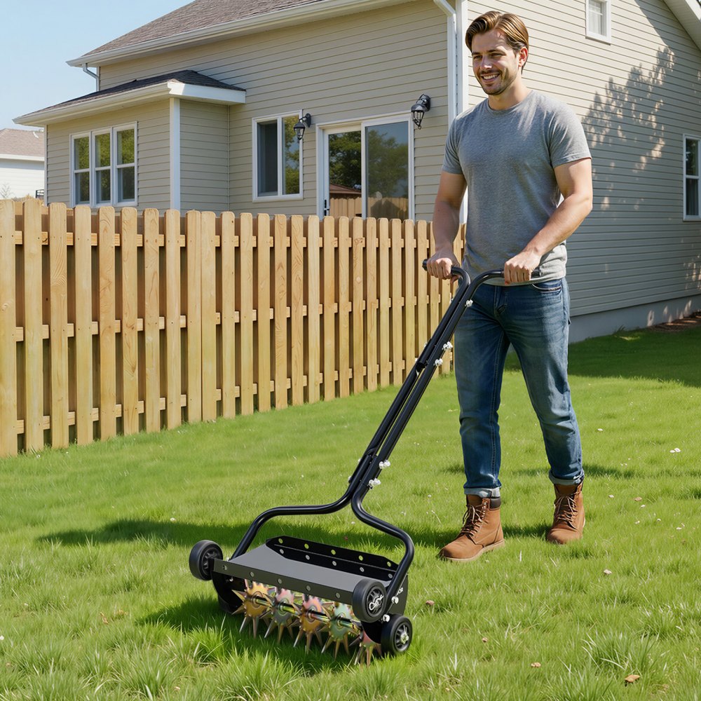 VEVOR Arieggiatore Manuale a Spinta da 500mm con 4 Ruote e Maniglia, Rullo Costipatore con Supporto Aggiuntivo 18,14kg, Scarificatore Manuale per Aerazione Prato Giardino Cortile e Salute del Terreno