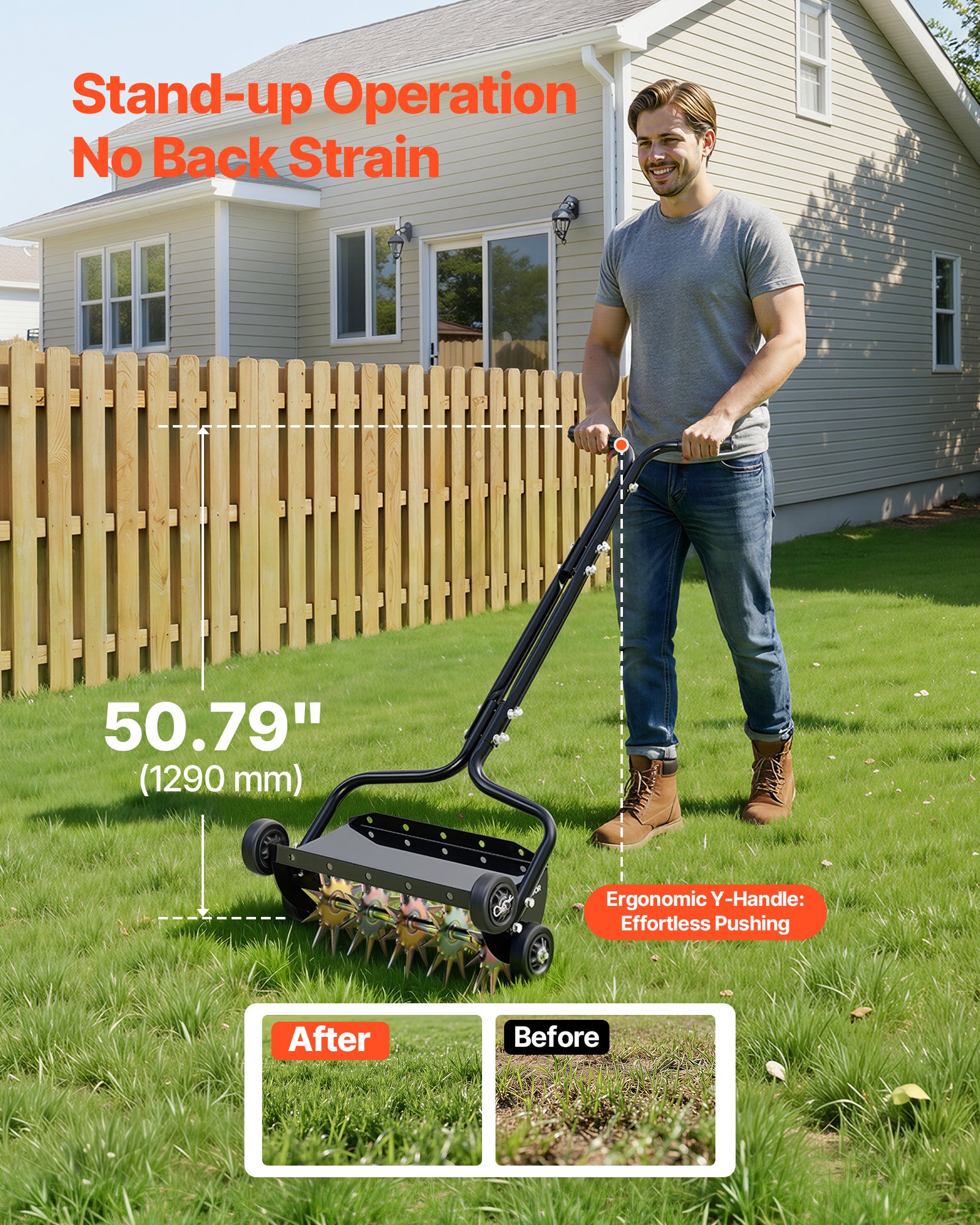 VEVOR Arieggiatore Manuale a Spinta da 500mm con 4 Ruote e Maniglia, Rullo Costipatore con Supporto Aggiuntivo 18,14kg, Scarificatore Manuale per Aerazione Prato Giardino Cortile e Salute del Terreno