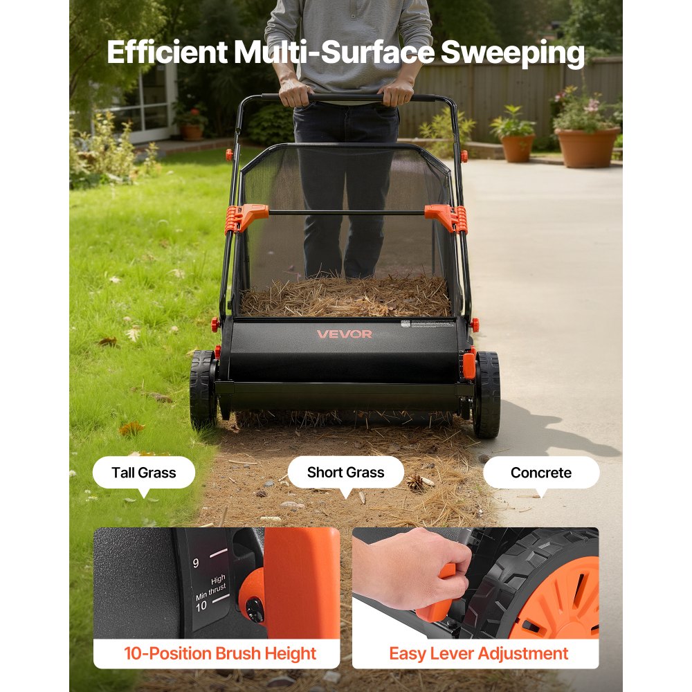 VEVOR Spazzatrice Manuale per Erba da Giardino, Spazzatrice a Spinta Raccoglitore di Foglie Erba Larghezza 76,2 cm, Ruote in Gomma Pulizia di Foglie da Cortile Giardino Campo, Raccoglierba Manuale