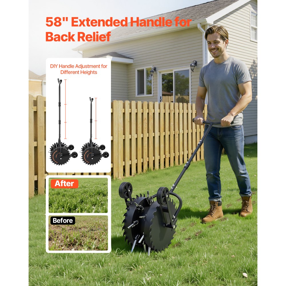 VEVOR Rullo Costipatore Dentato da 42cm con Denti Anti Intasamento, Arieggiatore per Prati Resistente Antiruggine, Strumento di Aerazione Manuale per Allentare il Terreno Compatto di Giardini Aiuole