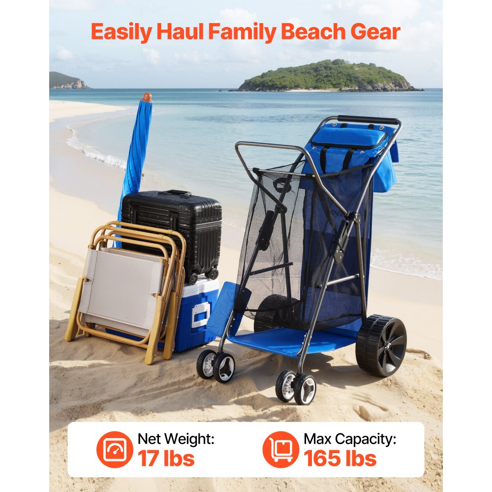 VEVOR Carrello da Spiaggia con Ruote in Gomma, Carrello Portaoggetti da Spiaggia Pieghevole Carico 75 kg con Borsa Termica per Campeggio Pesca Feste a Mare, Carretto per Trasporto Utensili da Mare