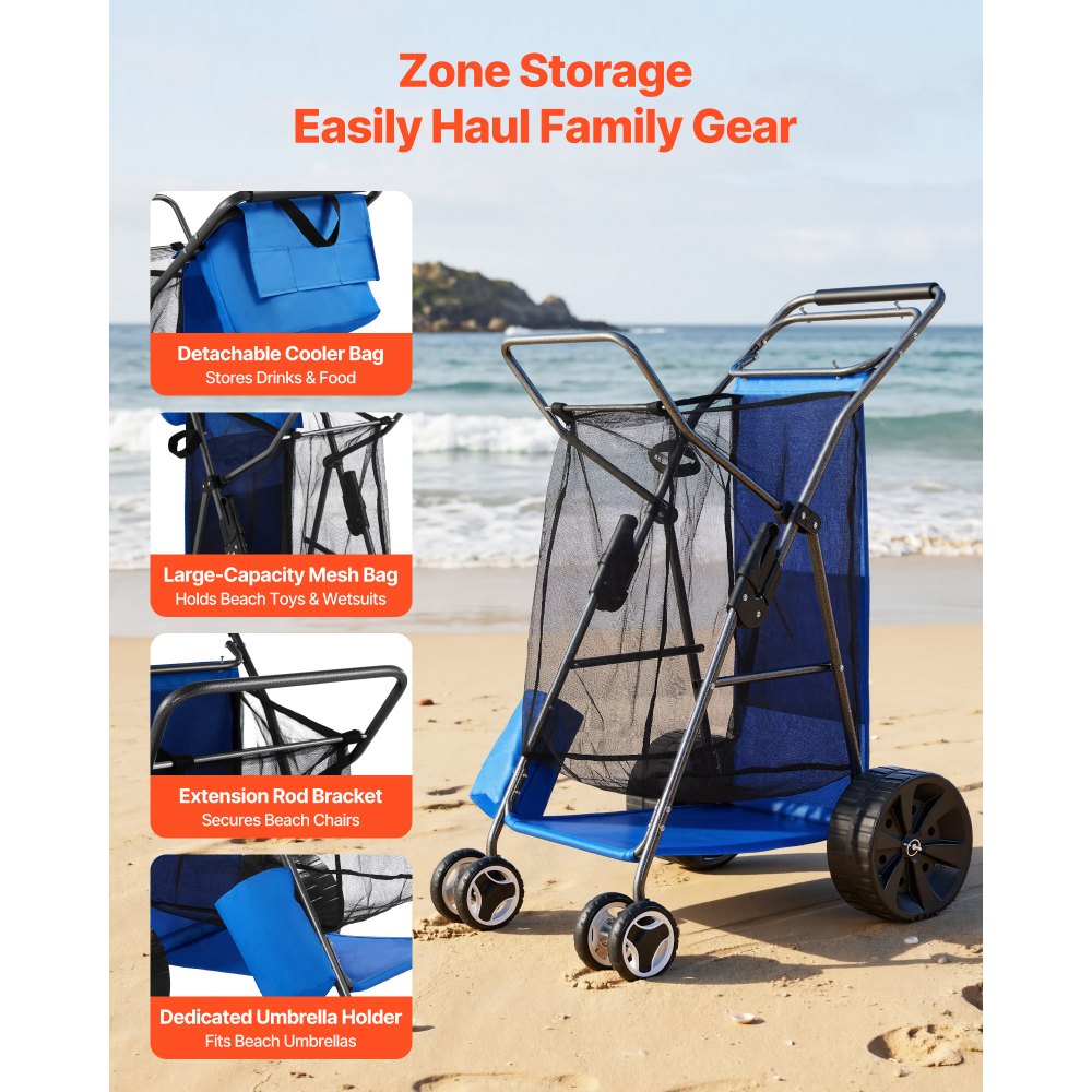 VEVOR Carrello da Spiaggia con Ruote in Gomma, Carrello Portaoggetti da Spiaggia Pieghevole Carico 75 kg con Borsa Termica per Campeggio Pesca Feste a Mare, Carretto per Trasporto Utensili da Mare