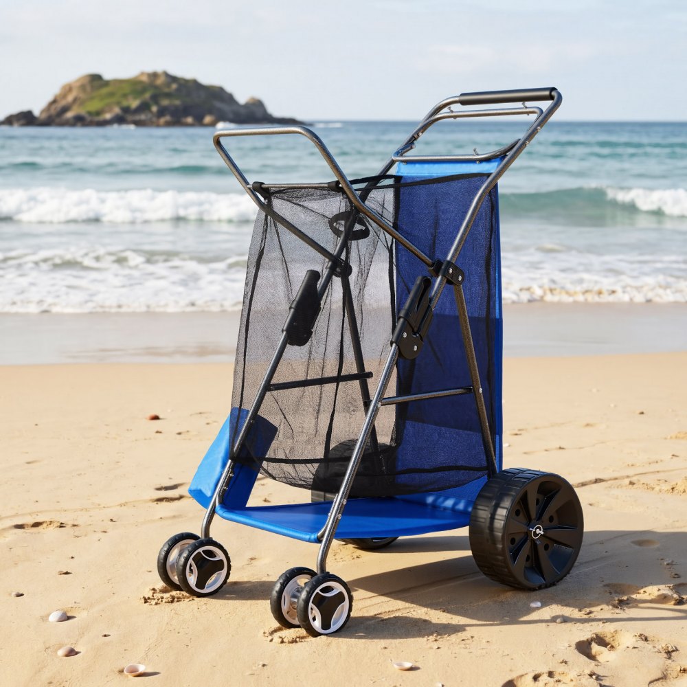 VEVOR Carrello da Spiaggia con Ruote in Gomma, Carrello Portaoggetti da Spiaggia Pieghevole Carico 75 kg con Borsa Termica per Campeggio Pesca Feste a Mare, Carretto per Trasporto Utensili da Mare