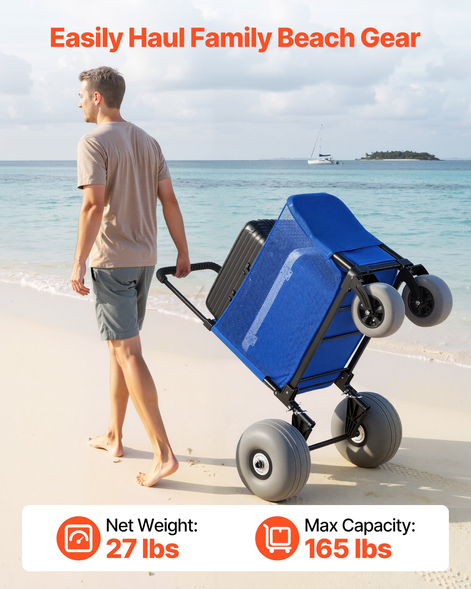 VEVOR Carrello da Spiaggia con Ruote Grandi per Sabbia, Carrello Portaoggetti da Spiaggia Carico max 75 kg Ruote a Palloncino da 30 cm Maniglia Altezza Regolabile per Giardinaggio Pesca Campeggio