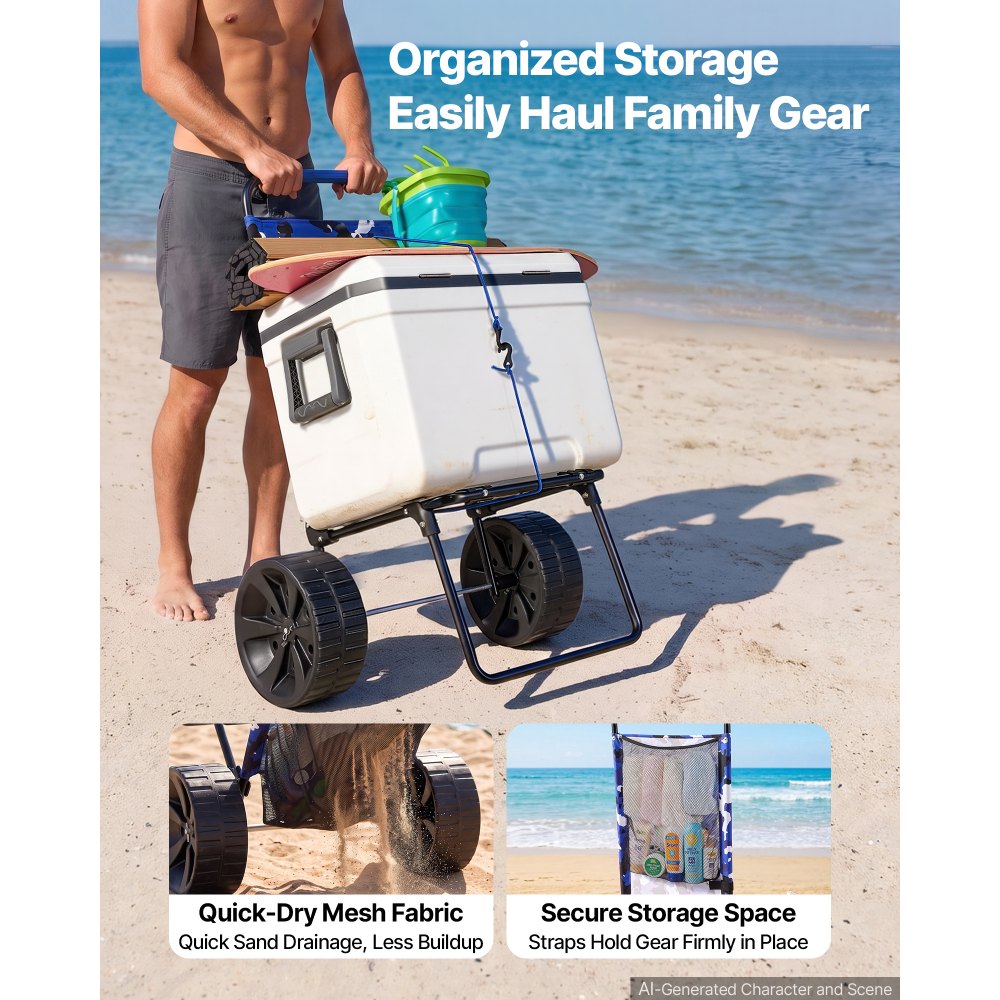 VEVOR Carrello da Spiaggia con Ruote Grandi Per Sabbia, Vassoio di Carico 380 x 386 mm, Carrello Da Trasporto Pieghevole Ruote PE Piene 254 mm, Per picnic, Campeggio, Spiaggia, Pesca, Carico 31 kg