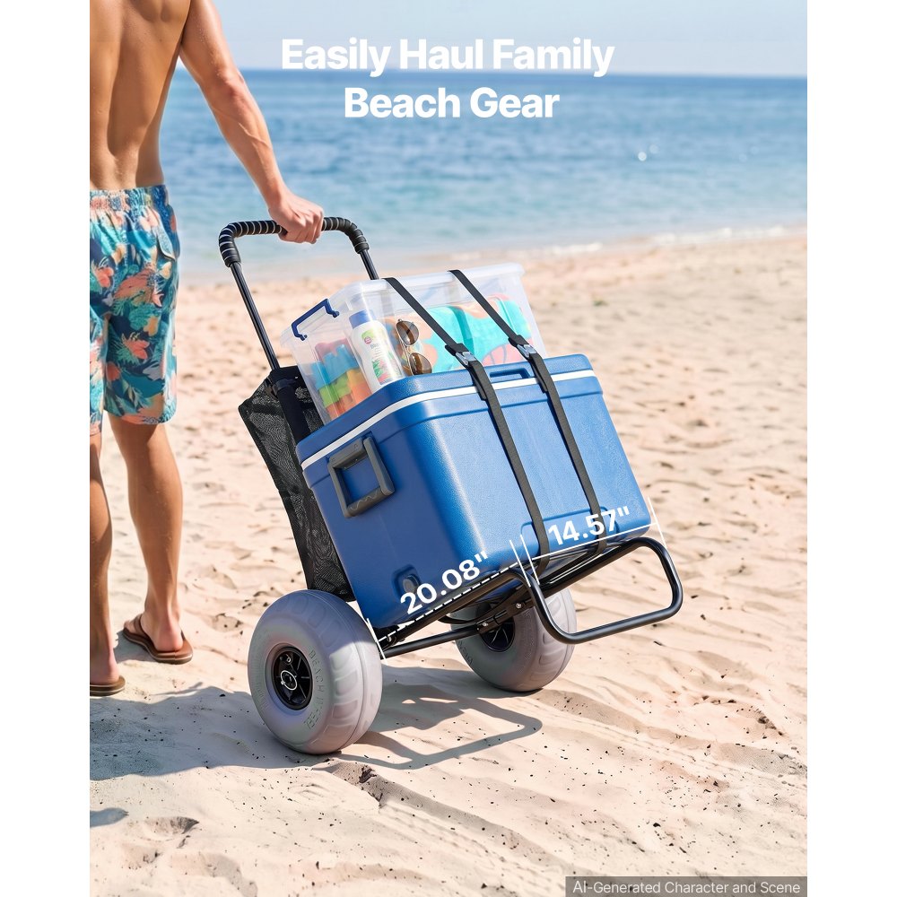 VEVOR Carrello da Spiaggia con Grandi Ruote per Sabbia, Portapacchi 510 x 370mm, Carrello Trasporto Pieghevole Ruote per Palloncini da 228,6mm, 74,8kg, Altezza 690-1140mm, per Spiaggia, Campeggio