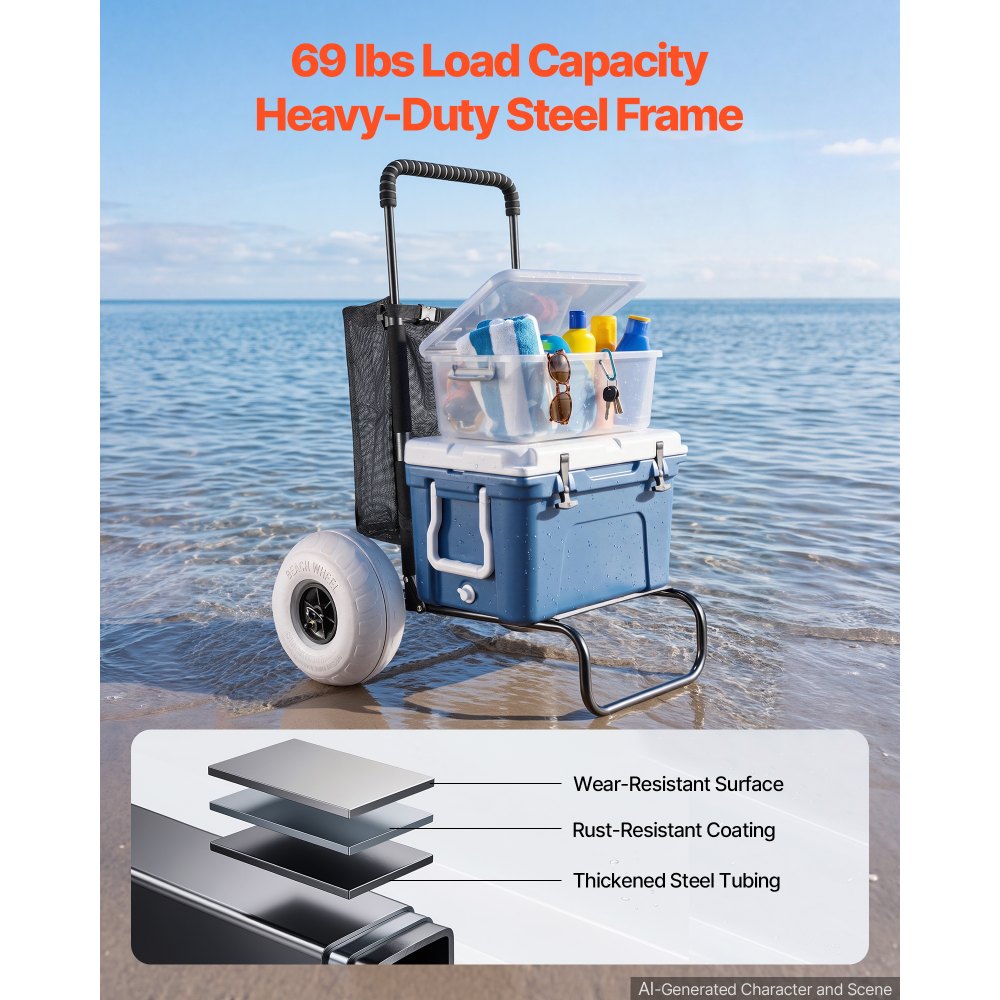 VEVOR Carrello da Spiaggia con Grandi Ruote per Sabbia, Portapacchi 510 x 370mm, Carrello Trasporto Pieghevole Ruote per Palloncini da 228,6mm, 74,8kg, Altezza 690-1140mm, per Spiaggia, Campeggio