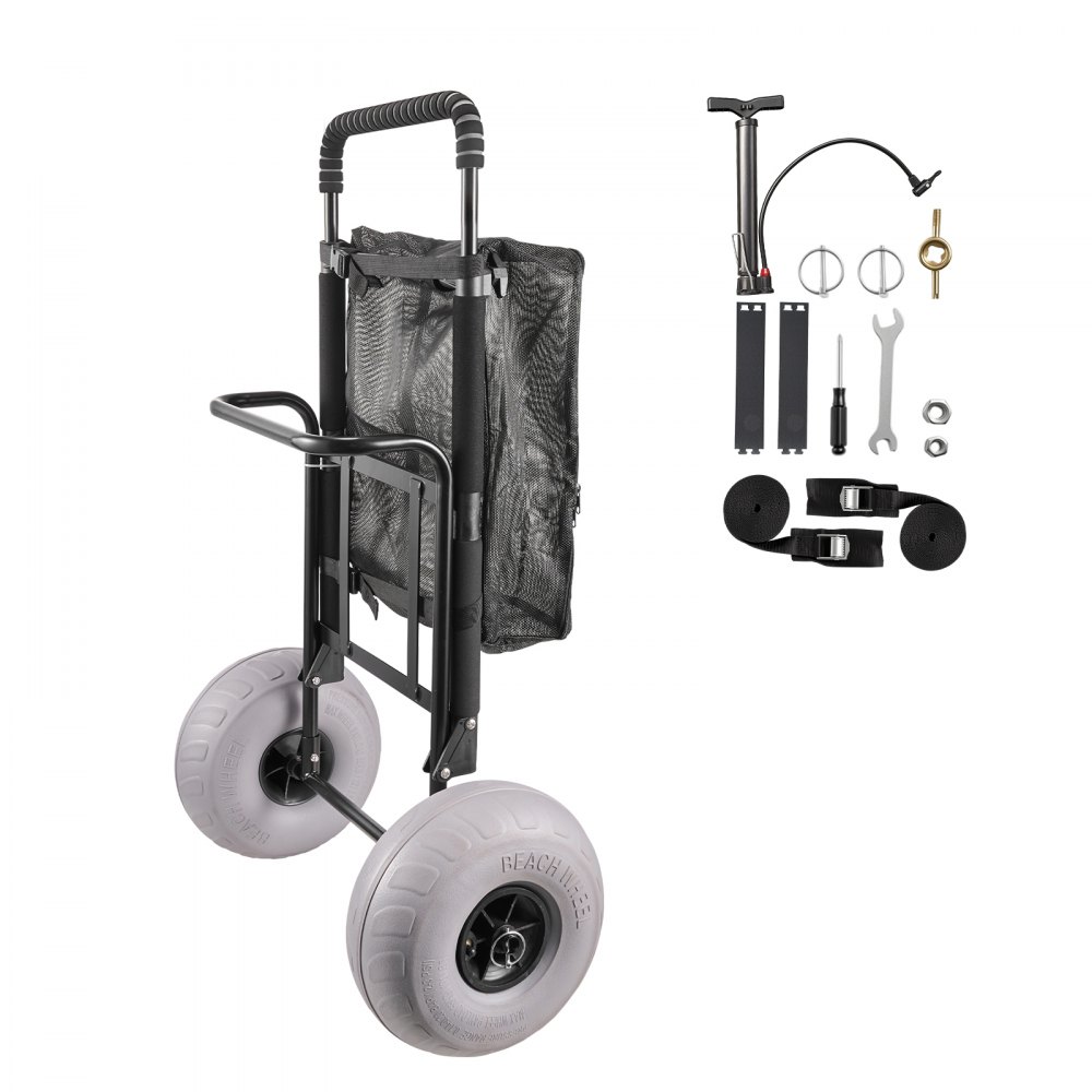 VEVOR Carrello da Spiaggia con Grandi Ruote per Sabbia, Portapacchi 510 x 370mm, Carrello Trasporto Pieghevole Ruote per Palloncini da 228,6mm, 74,8kg, Altezza 690-1140mm, per Spiaggia, Campeggio