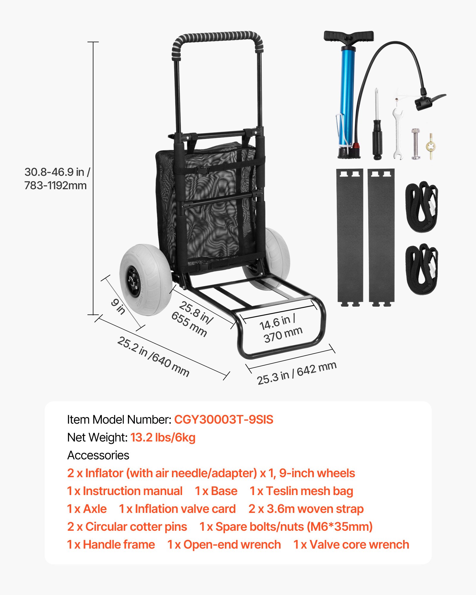 VEVOR Beach Cart, Sand Cart, 74.84 kg Load Capacity, Foldable Steel Sand Cart, 69 to 114 cm Adjustable Height, Robust Cart for the Beach