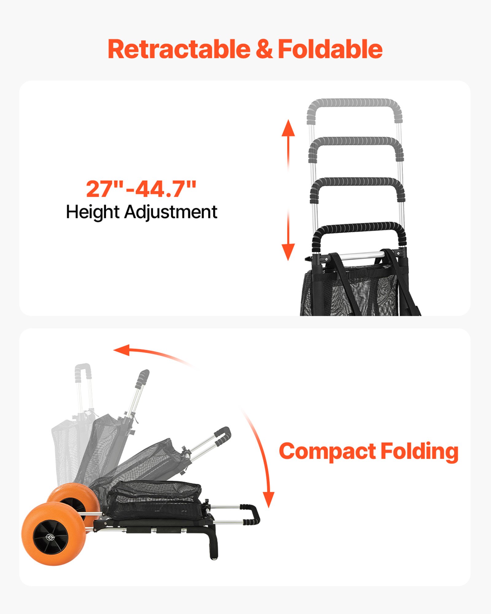 VEVOR Carrello da spiaggia, Carretto a mano, Carrello da spiaggia, Capacità di carico 74,84 kg, Carrello pieghevole in alluminio, da 685 a 1135 mm, Altezza regolabile, Carrello per spiaggia