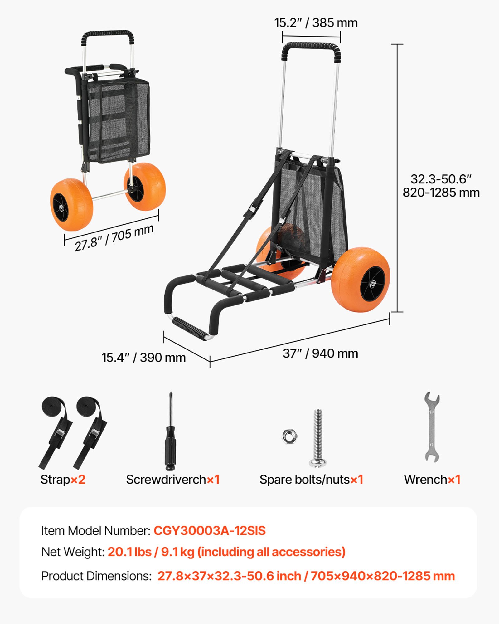 VEVOR Carrello da spiaggia, Carretto a mano, Carrello da spiaggia, Capacità di carico 74,84 kg, Carrello pieghevole in alluminio, da 685 a 1135 mm, Altezza regolabile, Carrello per spiaggia