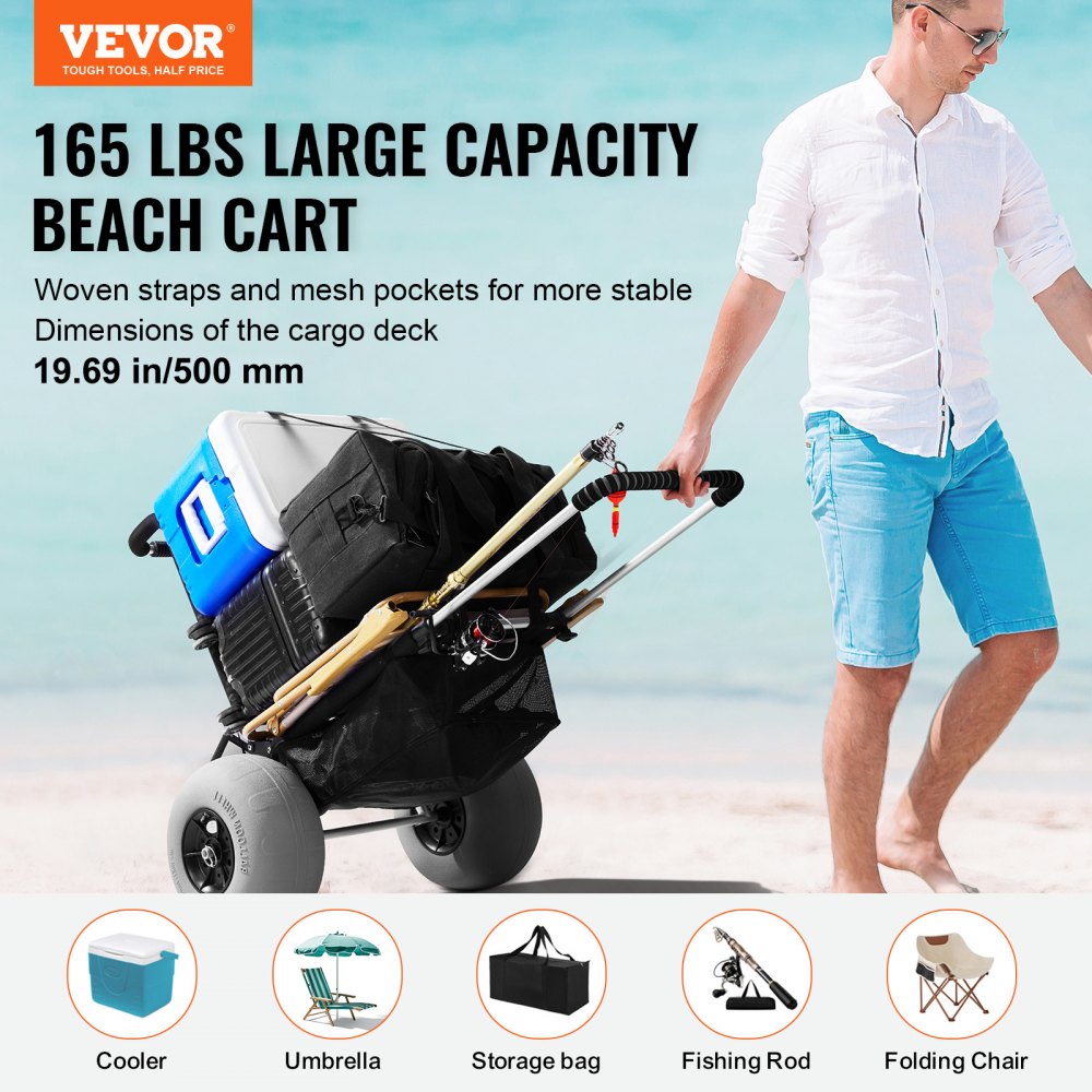 VEVOR Carrello da Spiaggia con Grandi Ruote per Sabbia, Portapacchi 760 x 390 mm, Carrello Trasporto Pieghevole Ruote per Palloncini da 304,8 mm, 74,8kg, Altezza 690-1140mm, per Spiaggia, Campeggio