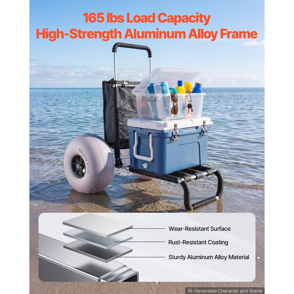 VEVOR Carrello da Spiaggia con Grandi Ruote per Sabbia, Portapacchi 760 x 390 mm, Carrello Trasporto Pieghevole Ruote per Palloncini da 304,8 mm, 74,8kg, Altezza 690-1140mm, per Spiaggia, Campeggio