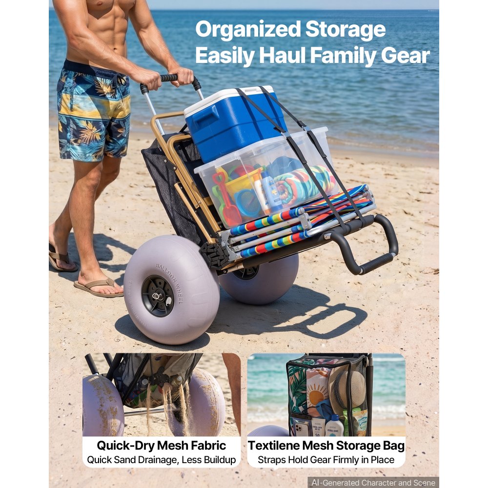 VEVOR Carrello da Spiaggia con Grandi Ruote per Sabbia, Portapacchi 760 x 390 mm, Carrello Trasporto Pieghevole Ruote per Palloncini da 304,8 mm, 74,8kg, Altezza 690-1140mm, per Spiaggia, Campeggio