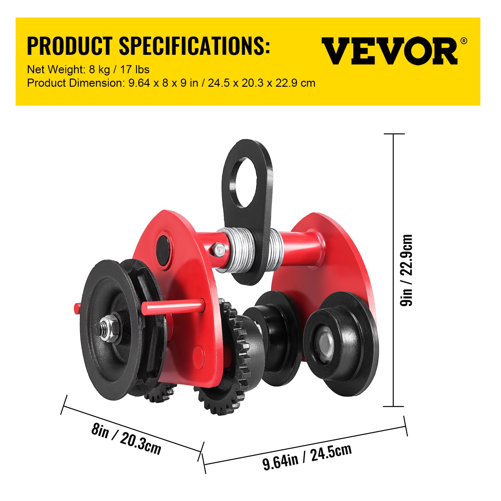 VEVOR Carrello Manuale per Carichi Pesanti da Capacità di Spinta 1T, Carrello di Spinta Colore Rosso In Acciaio con Catena, Carrello Trasmissione per Travi Manuale del Cuscinetto Regolabile