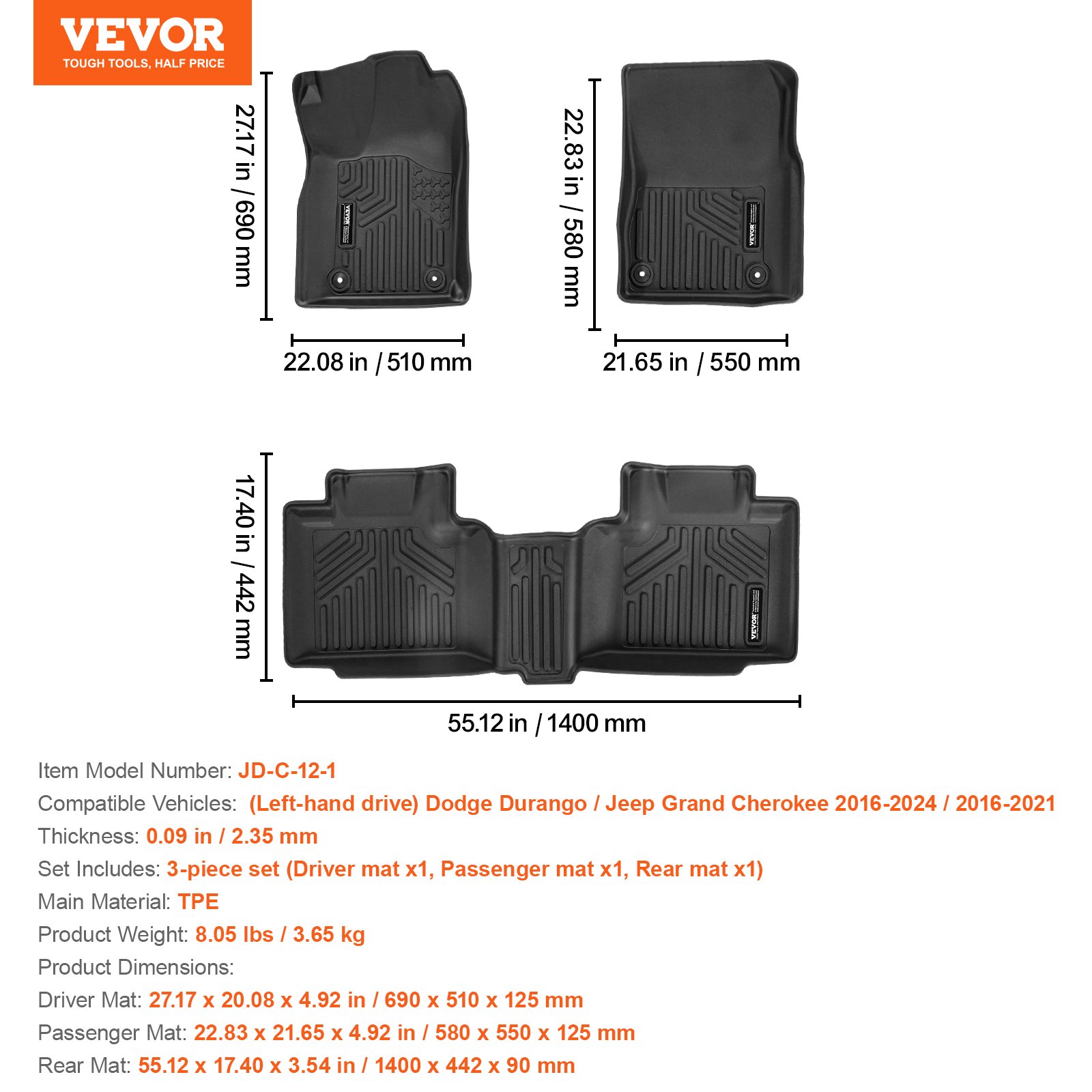 VEVOR car floor mats suitable for Dodge Durango / Jeep Grand Cherokee 2016-2024 / 2016-2021, 3-piece set, inserts for the front and second row, weatherproof, custom-fit vehicle floor mats made of TPE