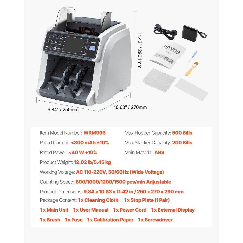 VEVOR Money Counter Machine, Mixed Denomination Bill Cash Counter with CIS/UV/MG/IR/DD/DBL/HLF/CHN Counterfeit Detection, Multi-Currency Support,  Money Counting Machine with External Display