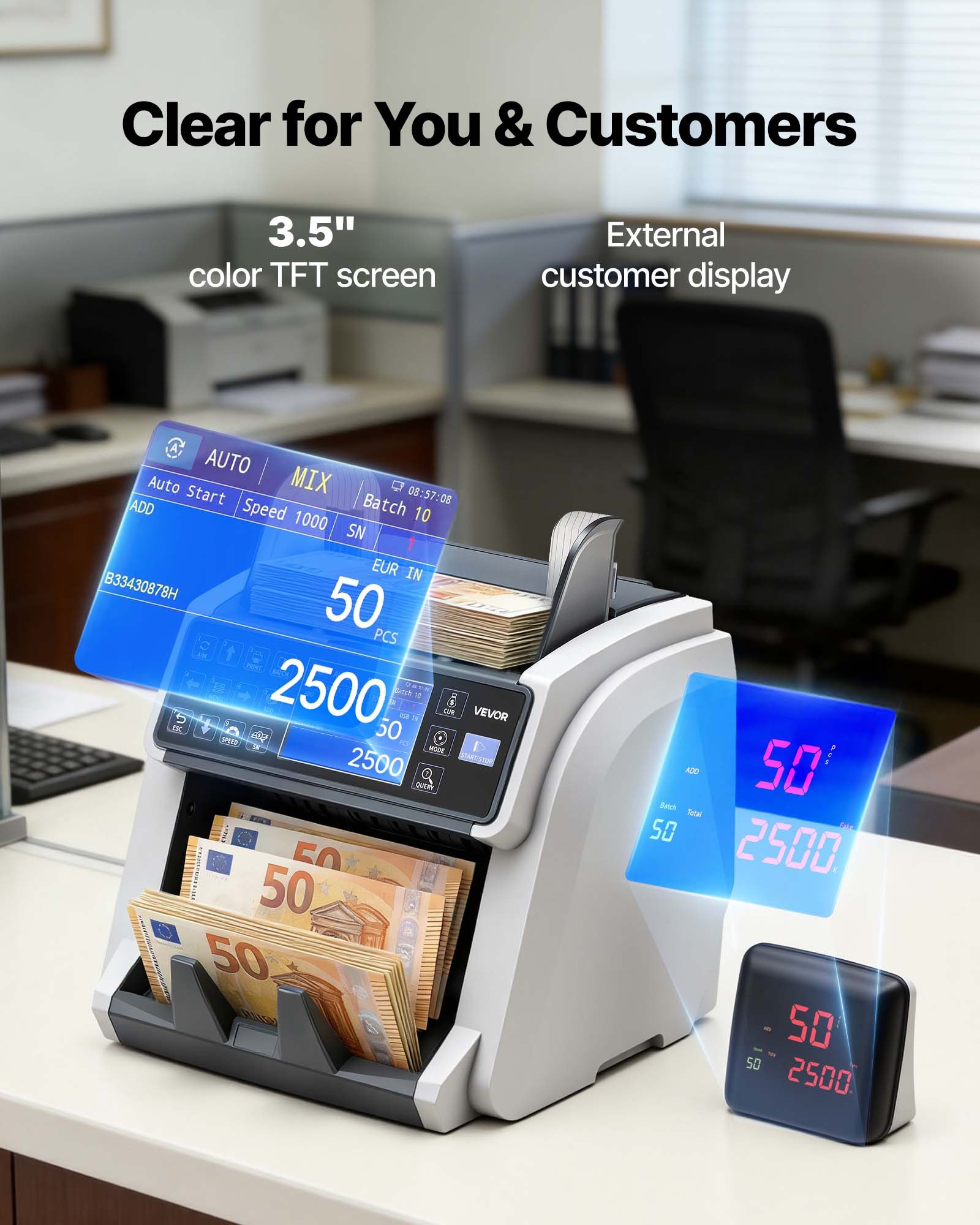 VEVOR Money Counter Machine, Mixed Denomination Bill Cash Counter with CIS/UV/MG/IR/DD/DBL/HLF/CHN Counterfeit Detection, Multi-Currency Support,  Money Counting Machine with External Display