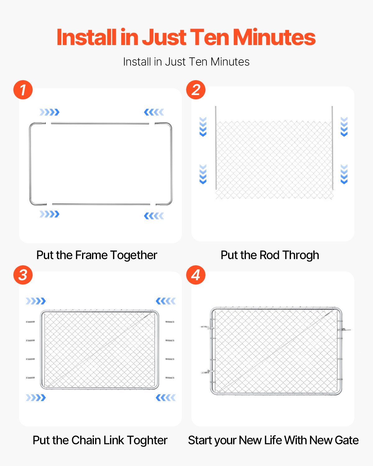 VEVOR Cancello per Recinzione a Maglie di Catena, 183 x 122 cm, Cancello da Giardino in Acciaio Zincato Antiruggine, Pannello Regolabile per Cortile Vialetto Agricolo con Accessori Completi