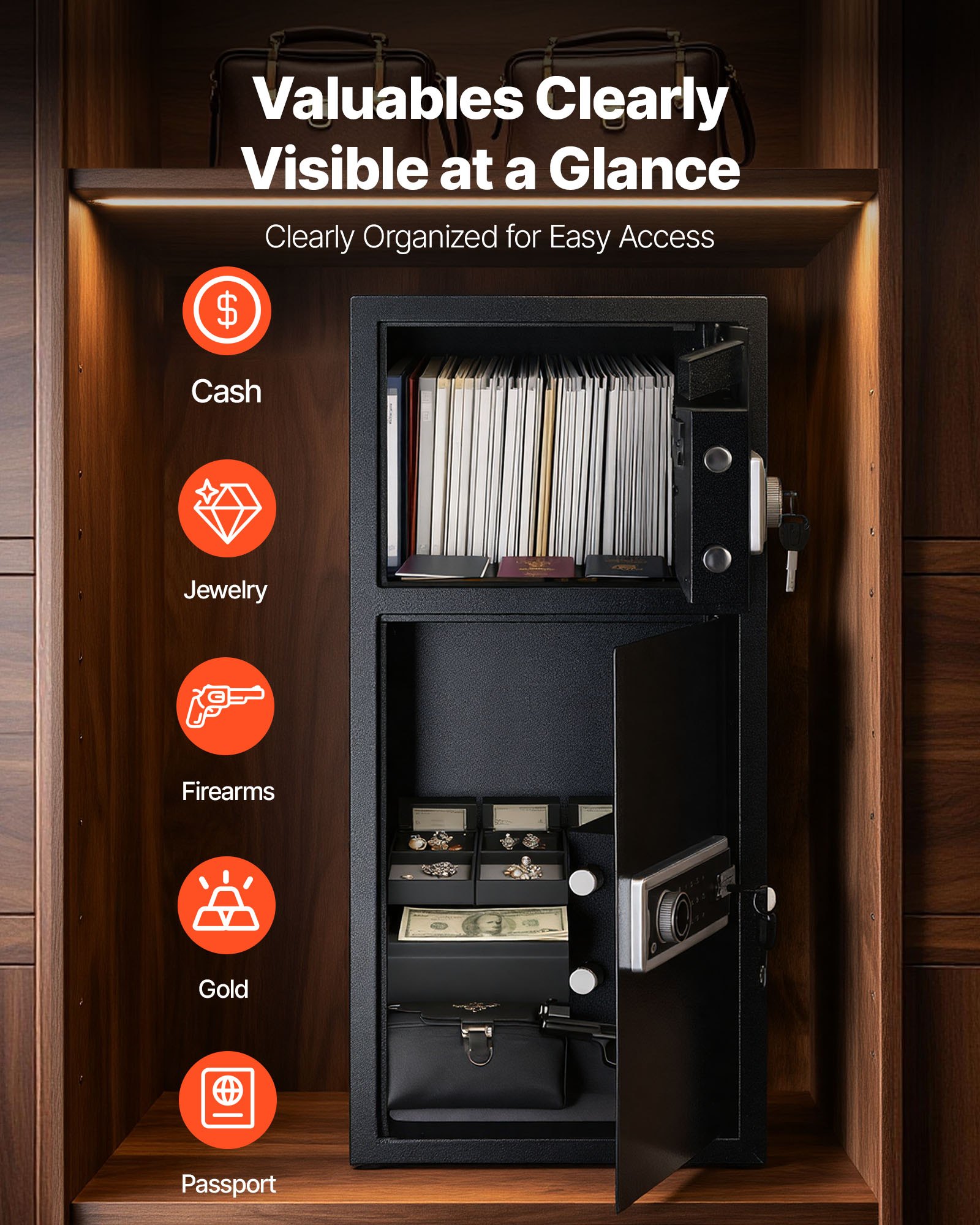 VEVOR Cassaforte a Doppia Porta Cassafforte Elettronica con Illuminazione a LED 350 x 348 x 775 mm, Ignifuga in Acciaio Laminato a Freddo con Fessura di Deposito per Denaro, Documenti, Gioielli