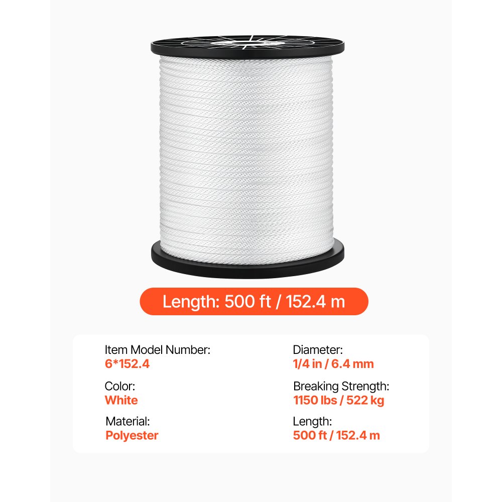 VEVOR Corda in Poliestere a Treccia Compatta 6,4 mm x 152 m Corda Nautica, Resistenza alla Rottura 522 kg, Basso Allungamento, Resistente ai Raggi UV e con Superficie Liscia, Multiuso Nautico, Bianca