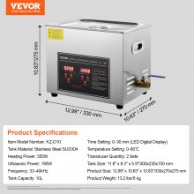 VEVOR Pulitore a Ultrasuoni Display Digitale in Acciaio Inox Capienza 10 Litri con Riscaldamento Tempo Temperatura Regolabile, Macchina Pulitrice a Ultrasuoni per Gioielli Occhiali Orologi Laboratorio