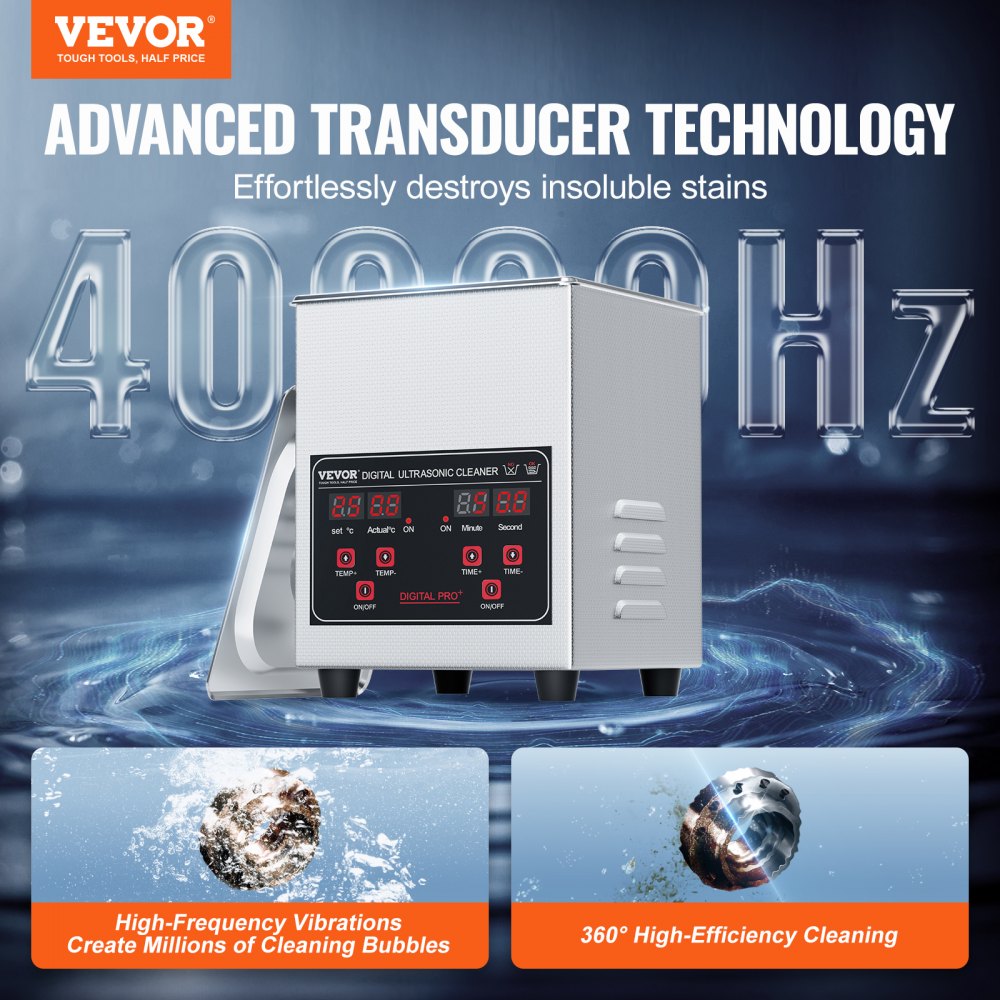 VEVOR Ultrasonic Cleaner 1.3 L Professional 60 W Cleaning Machine with Timer & Heater, Digital 40 kHz Ultrasonic Cleaner with Basket for Watch Crystals, Jewelry Holders, Industrial Parts, Tools, Eyeglasses