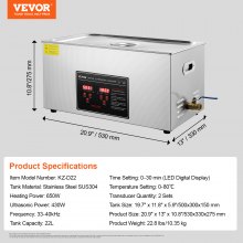 VEVOR Pulitore a Ultrasuoni Display Digitale in Acciaio Inox Capienza 22 Litri con Riscaldamento Tempo Temperatura Regolabile, Macchina Pulitrice a Ultrasuoni per Gioielli Occhiali Orologi Laboratorio