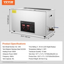 VEVOR Pulitore a Ultrasuoni Display Digitale in Acciaio Inox Capienza 30 Litri con Riscaldamento Tempo Temperatura Regolabile, Macchina Pulitrice a Ultrasuoni per Gioielli Occhiali Orologi Laboratorio