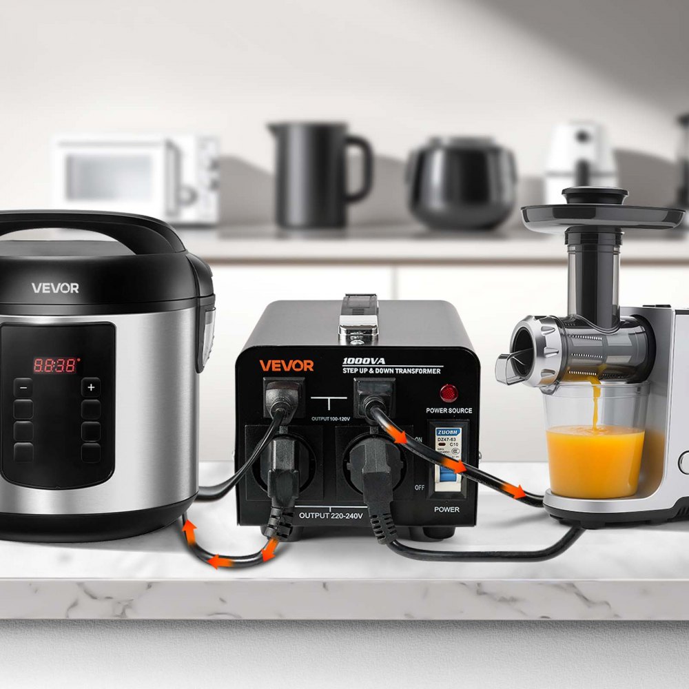 VEVOR Trasformatore di Tensione Elevatore Riduttore da 220 V a 110 V e da 110 V a 220 V, 1000 VA, con Spine USA e UE, Cavo di Alimentazione, Protezione Interruttore 10A
