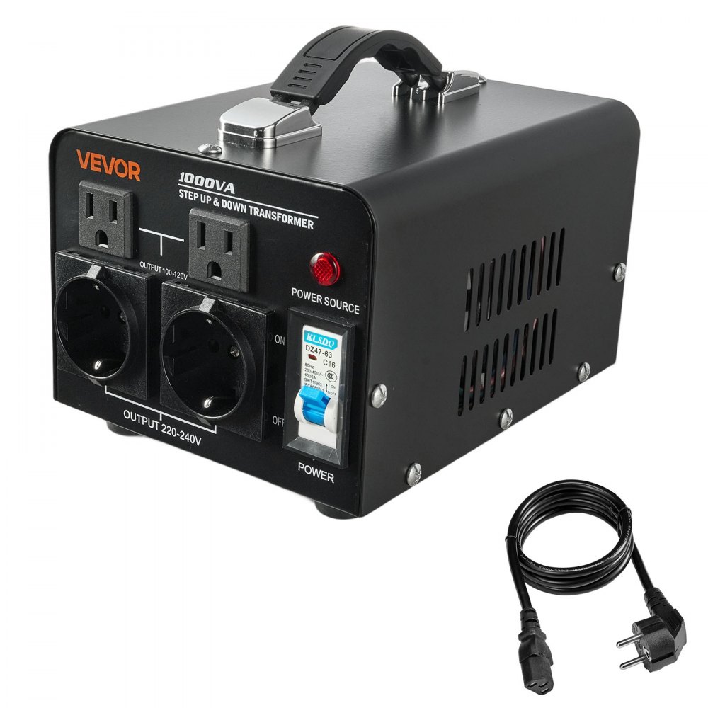 VEVOR Trasformatore di Tensione Elevatore Riduttore da 220 V a 110 V e da 110 V a 220 V, 1000 VA, con Spine USA e UE, Cavo di Alimentazione, Protezione Interruttore 10A