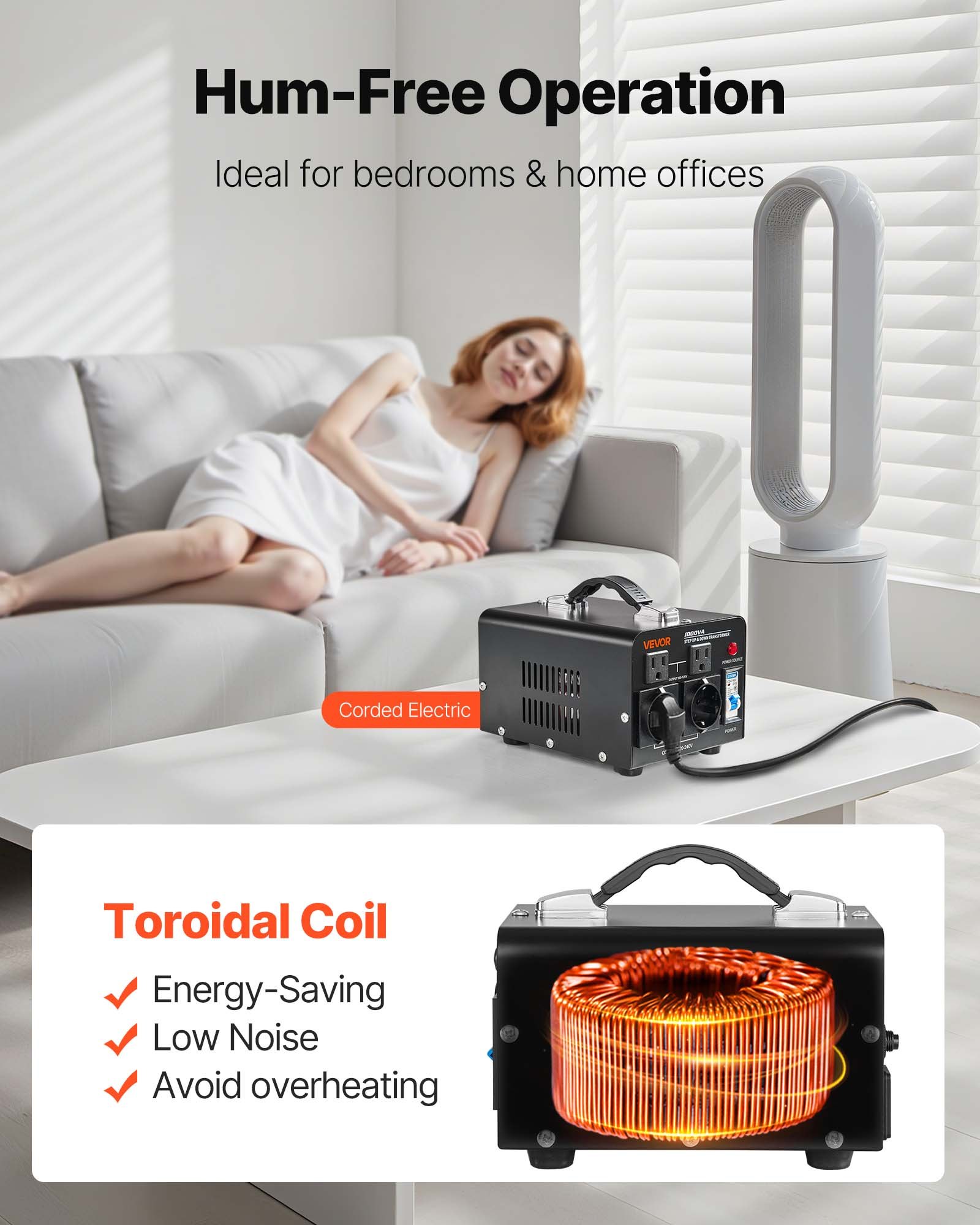 VEVOR Trasformatore di Tensione Elevatore Riduttore da 220 V a 110 V e da 110 V a 220 V, 1000 VA, con Spine USA e UE, Cavo di Alimentazione, Protezione Interruttore 10A