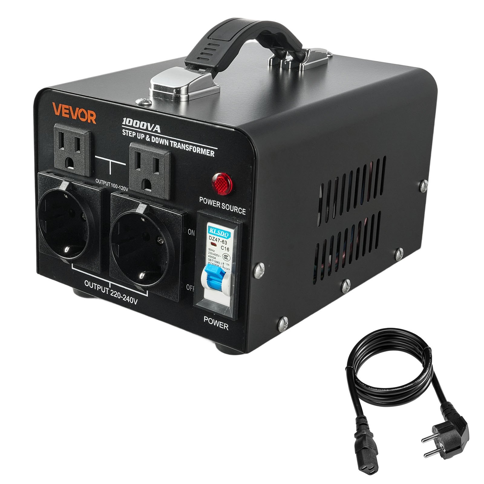 VEVOR Voltage Converter Transformer, 1000VA, Heavy Duty Step Up/Down Power Transformer, Convert from 110V to 220V and 220V to 110V, with US Outlets, EU Outlets, Power Cord, Circuit Breaker Protection