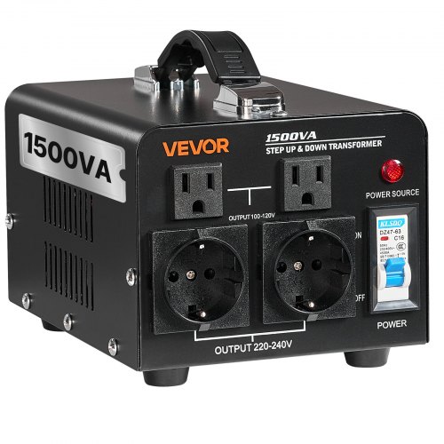 VEVOR Trasformatore di Tensione Elevatore Riduttore da 220 V a 110 V e da 110 V a 220 V, 1500 VA, con Spine USA e UE, Cavo di Alimentazione, Protezione Interruttore 15A
