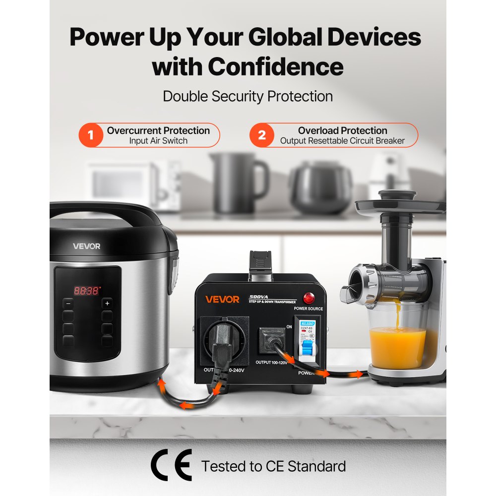VEVOR Trasformatore di Tensione Elevatore Riduttore da 220 V a 110 V e da 110 V a 220 V, 500 VA, con Spine USA e UE, Cavo di Alimentazione, Protezione Interruttore 5A