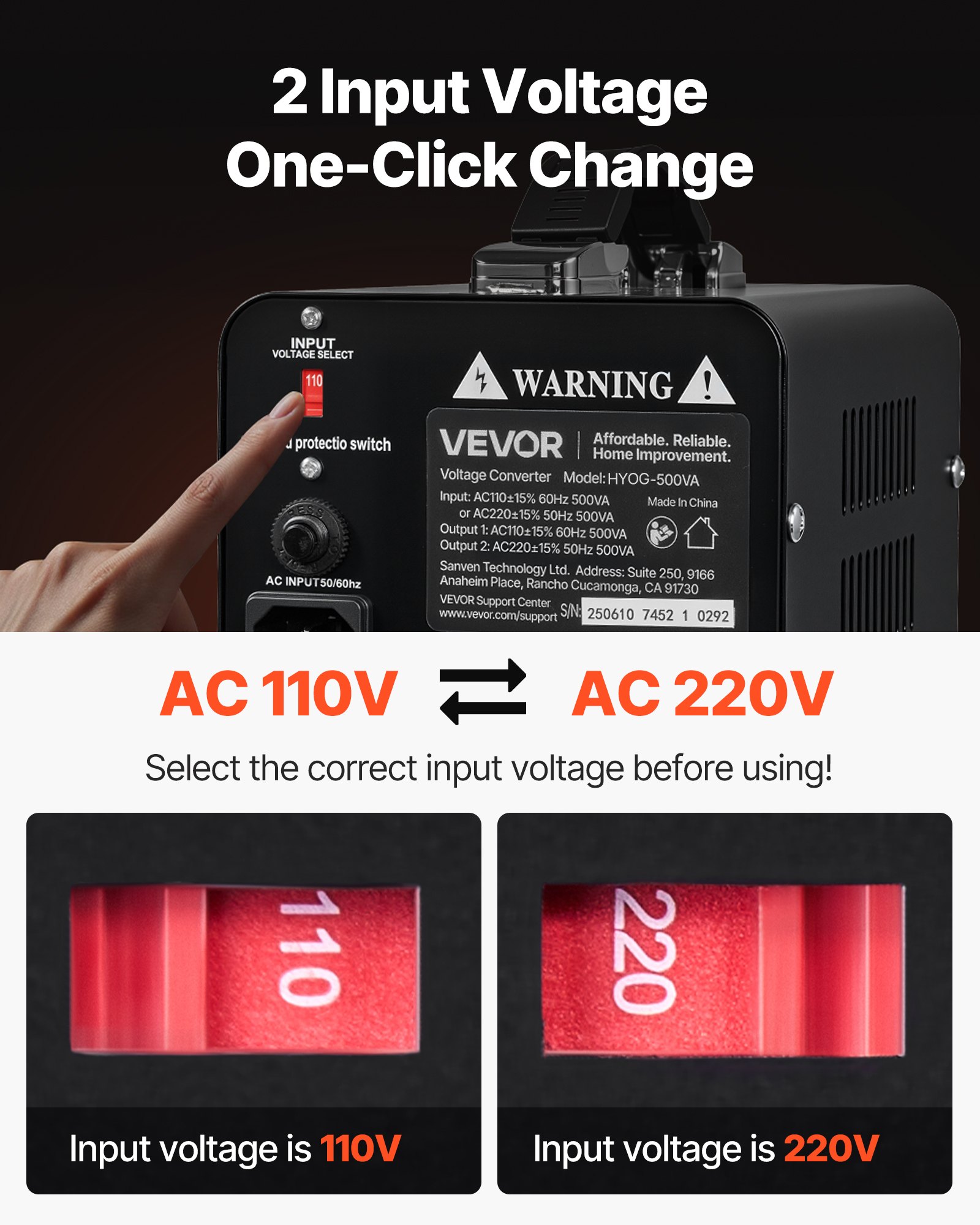 VEVOR Trasformatore di Tensione Elevatore Riduttore da 220 V a 110 V e da 110 V a 220 V, 500 VA, con Spine USA e UE, Cavo di Alimentazione, Protezione Interruttore 5A