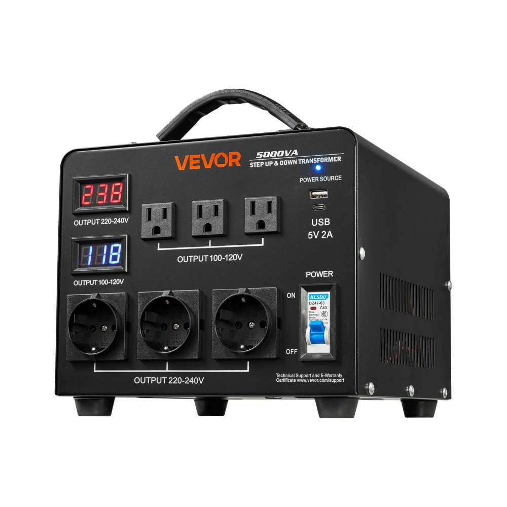 VEVOR Trasformatore da 220 V a 110 V e da 110 V a 220 V, Trasformatore di Tensione Step-up Step-down Automatico, 5000 VA, con 3 Prese USA, 3 Prese UE, Display LCD, Cavo di Alimentazione