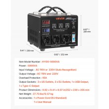 VEVOR Trasformatore da 220 V a 110 V e da 110 V a 220 V, Trasformatore di Tensione Step-up Step-down Automatico, 5000 VA, con 3 Prese USA, 3 Prese UE, Display LCD, Cavo di Alimentazione