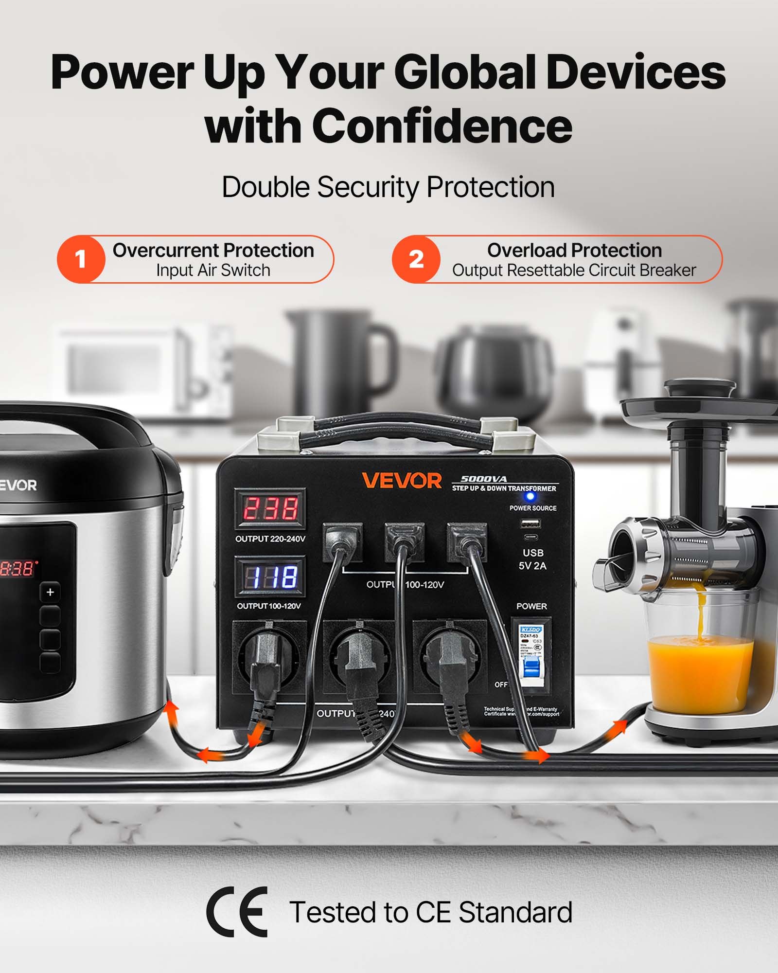 VEVOR Trasformatore da 220 V a 110 V e da 110 V a 220 V, Trasformatore di Tensione Step-up Step-down Automatico, 5000 VA, con 3 Prese USA, 3 Prese UE, Display LCD, Cavo di Alimentazione