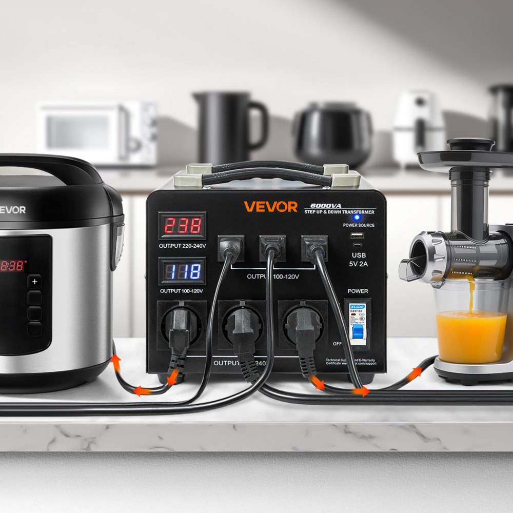 VEVOR Trasformatore Convertitore di Tensione Automatico, 6000 VA, Trasformatore Abbassatore ed Elevatore, 110 V e 220 V, con 3 Prese USA, 3 Prese UE, Display LCD, Protezione Interruttore Automatico