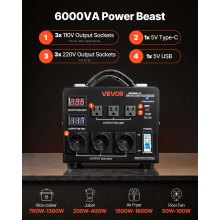 VEVOR Trasformatore Convertitore di Tensione Automatico, 6000 VA, Trasformatore Abbassatore ed Elevatore, 110 V e 220 V, con 3 Prese USA, 3 Prese UE, Display LCD, Protezione Interruttore Automatico