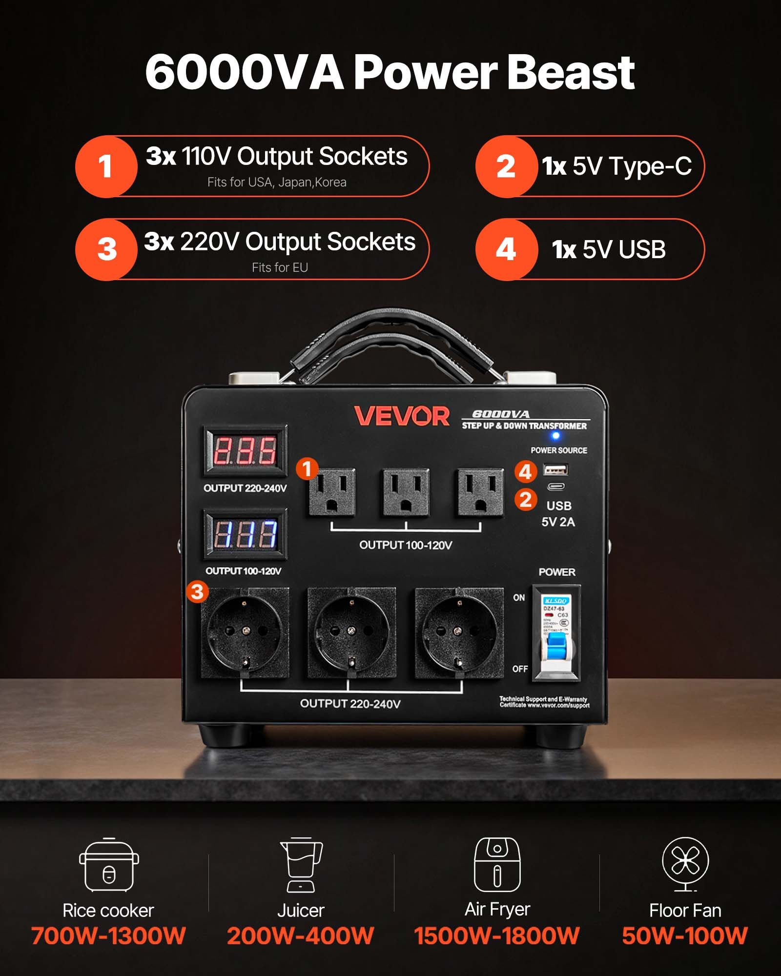 VEVOR Trasformatore Convertitore di Tensione Automatico, 6000 VA, Trasformatore Abbassatore ed Elevatore, 110 V e 220 V, con 3 Prese USA, 3 Prese UE, Display LCD, Protezione Interruttore Automatico