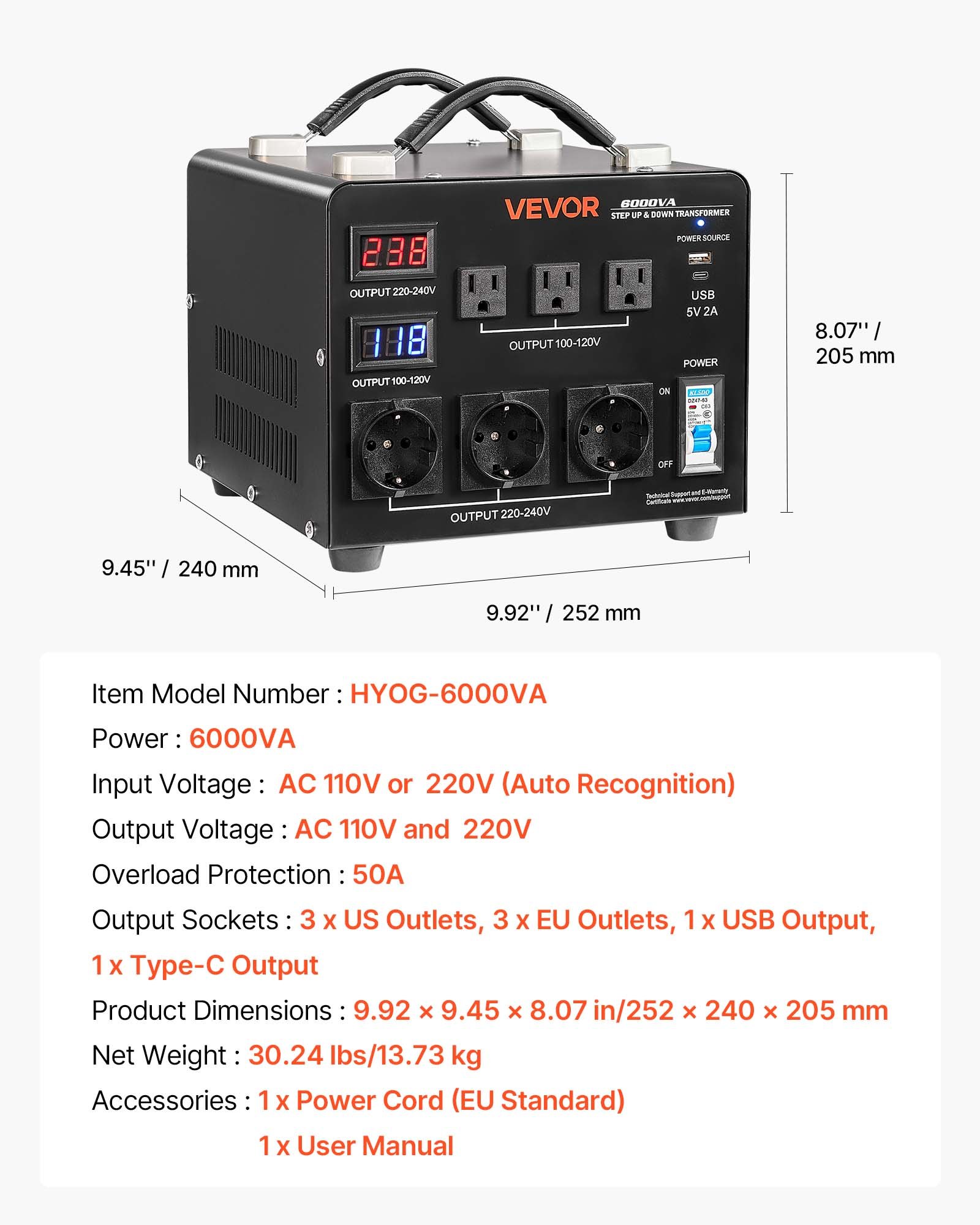 VEVOR Trasformatore Convertitore di Tensione Automatico, 6000 VA, Trasformatore Abbassatore ed Elevatore, 110 V e 220 V, con 3 Prese USA, 3 Prese UE, Display LCD, Protezione Interruttore Automatico