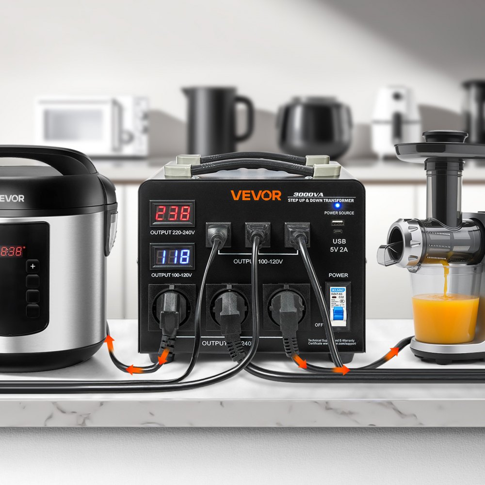 VEVOR Trasformatore da 220 V a 110 V e da 110 V a 220 V, Trasformatore di Tensione Step-up Step-down Automatico, 3000 VA, con 3 Prese USA, 3 Prese UE, Display LCD, Cavo di Alimentazione
