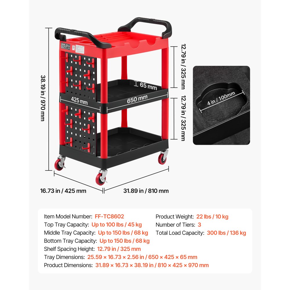 VEVOR Carrello di Servizio Portata 136 kg 3 Ripiani Ruote Girevoli a 360°, Carrello Officina, Ruote con Freno, Struttura in Plastica Resistente con Vassoi e Pannello Forato, per Garage e Magazzino