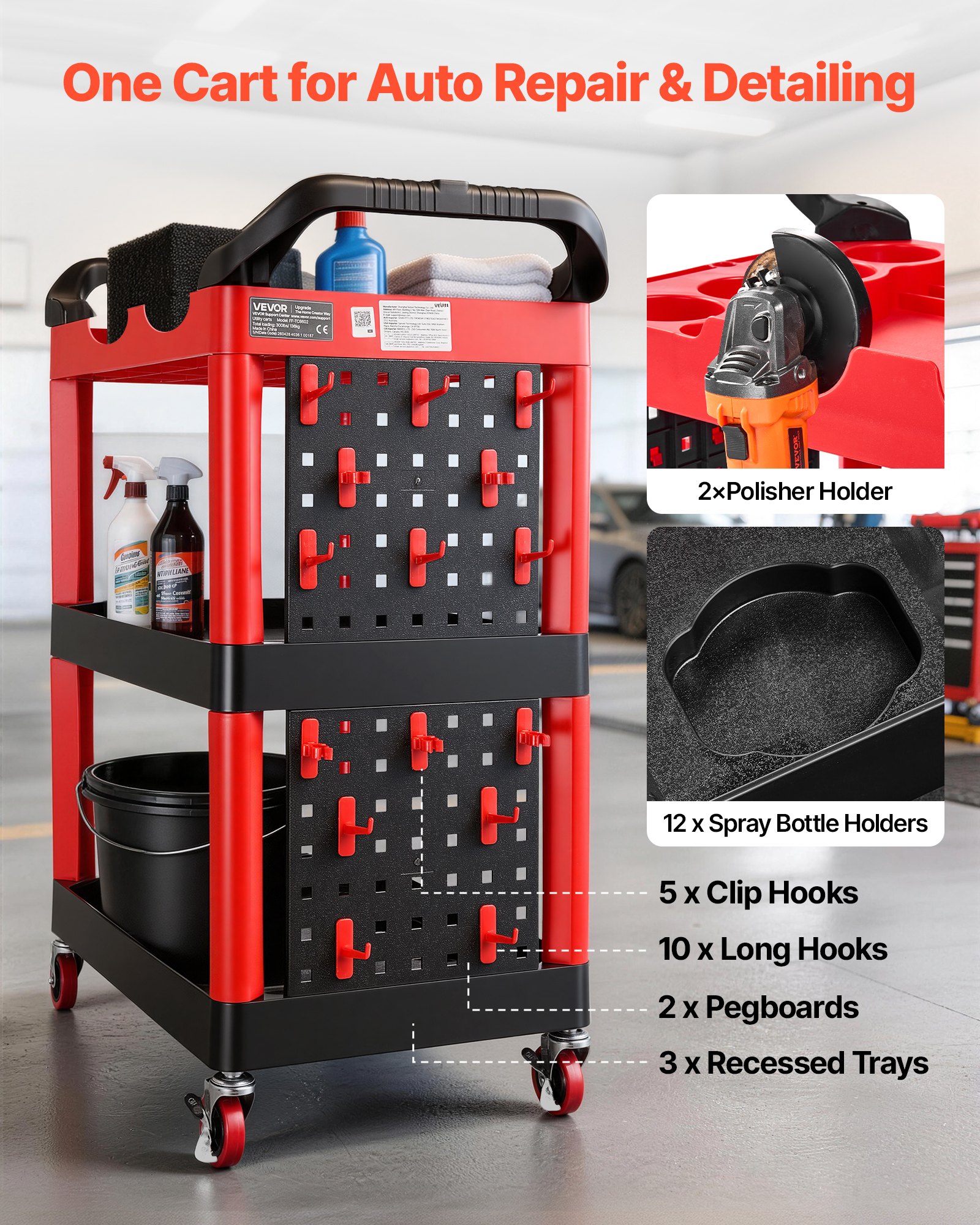 VEVOR Carrello di Servizio Portata 136 kg 3 Ripiani Ruote Girevoli a 360°, Carrello Officina, Ruote con Freno, Struttura in Plastica Resistente con Vassoi e Pannello Forato, per Garage e Magazzino