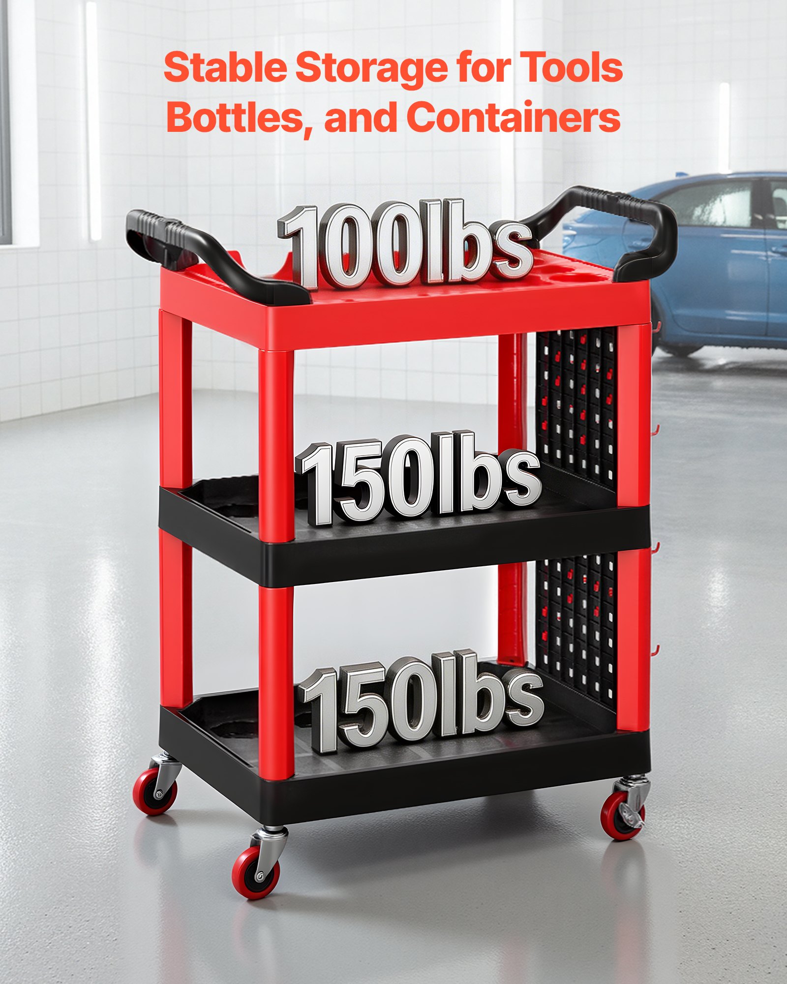 VEVOR Carrello di Servizio Portata 136 kg 3 Ripiani Ruote Girevoli a 360°, Carrello Officina, Ruote con Freno, Struttura in Plastica Resistente con Vassoi e Pannello Forato, per Garage e Magazzino