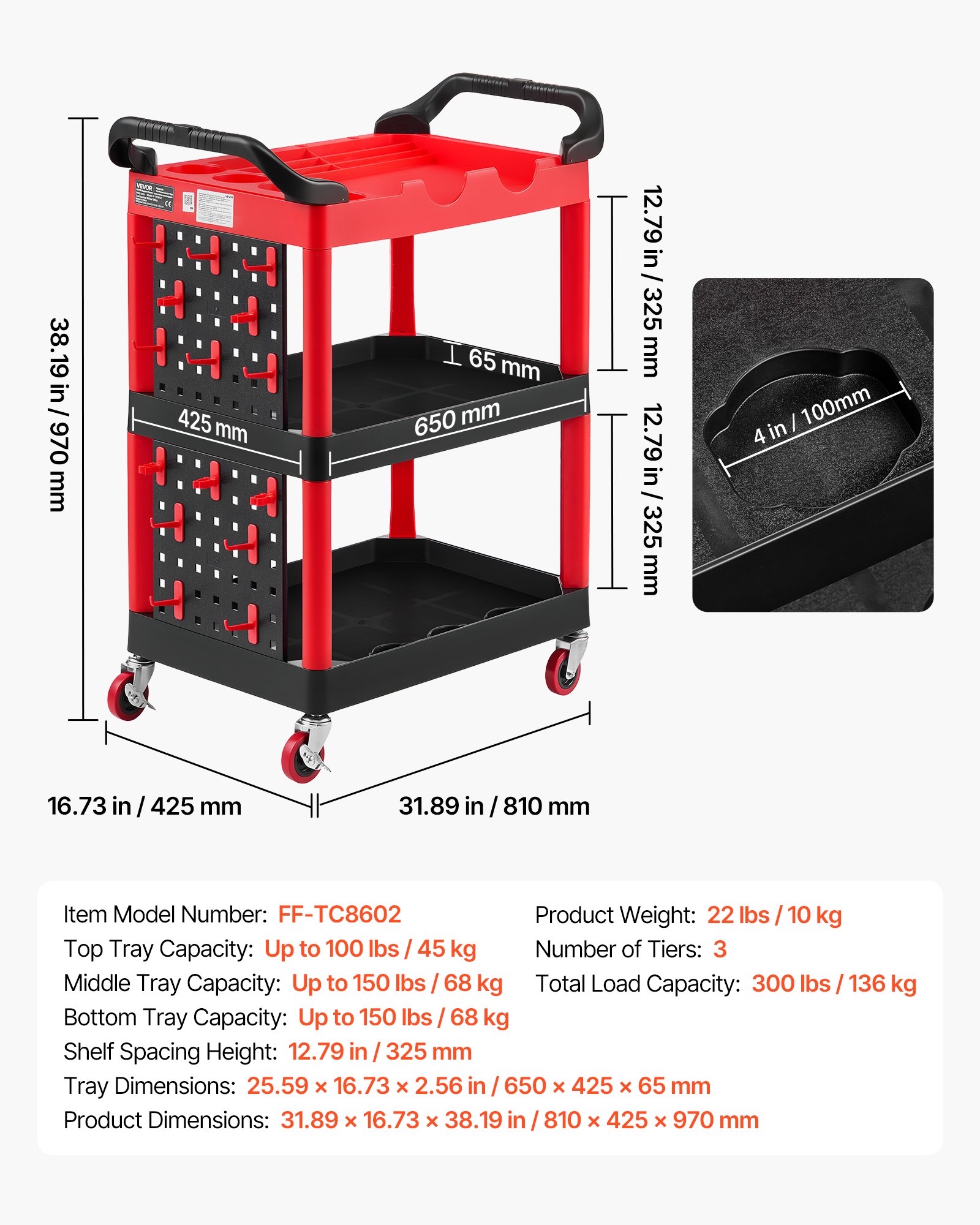 VEVOR Carrello di Servizio Portata 136 kg 3 Ripiani Ruote Girevoli a 360°, Carrello Officina, Ruote con Freno, Struttura in Plastica Resistente con Vassoi e Pannello Forato, per Garage e Magazzino
