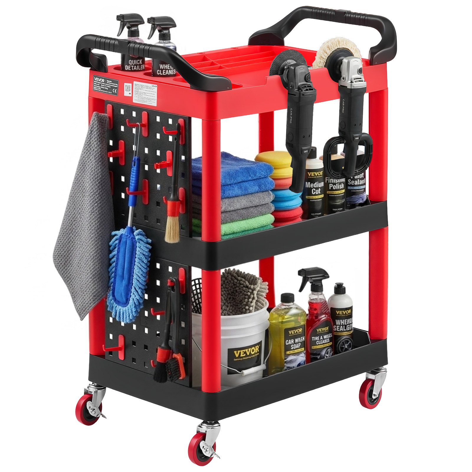 VEVOR Carrello di Servizio Portata 136 kg 3 Ripiani Ruote Girevoli a 360°, Carrello Officina, Ruote con Freno, Struttura in Plastica Resistente con Vassoi e Pannello Forato, per Garage e Magazzino