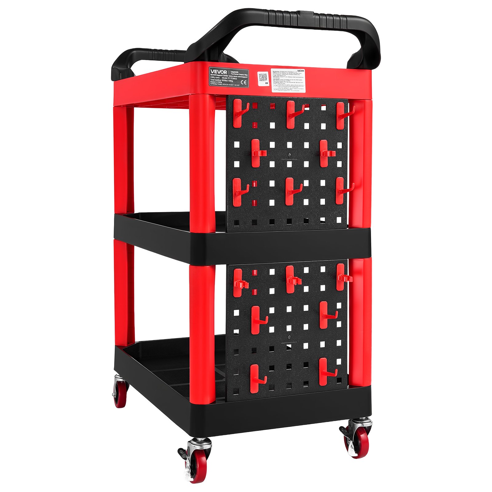 VEVOR Carrello di Servizio Portata 136 kg 3 Ripiani Ruote Girevoli a 360°, Carrello Officina, Ruote con Freno, Struttura in Plastica Resistente con Vassoi e Pannello Forato, per Garage e Magazzino